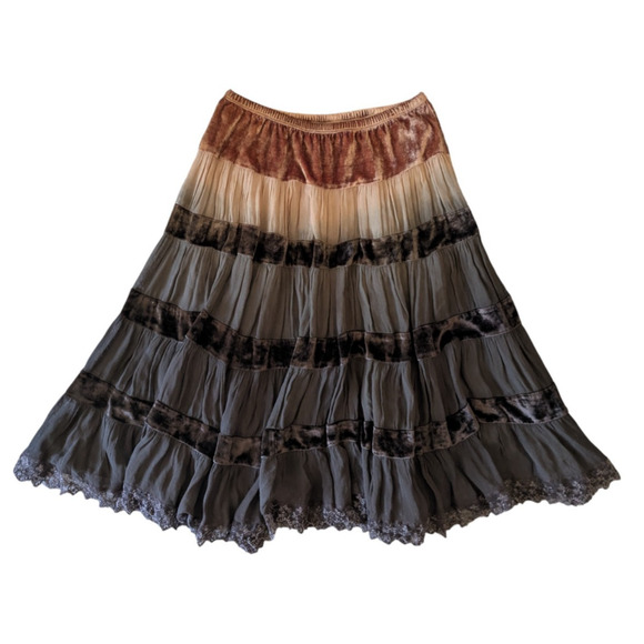 Arden B Brown Ombre Velvet Tiered Midi Skirt Size XS Y2K Lace Fairy Goblincore - Picture 1 of 7